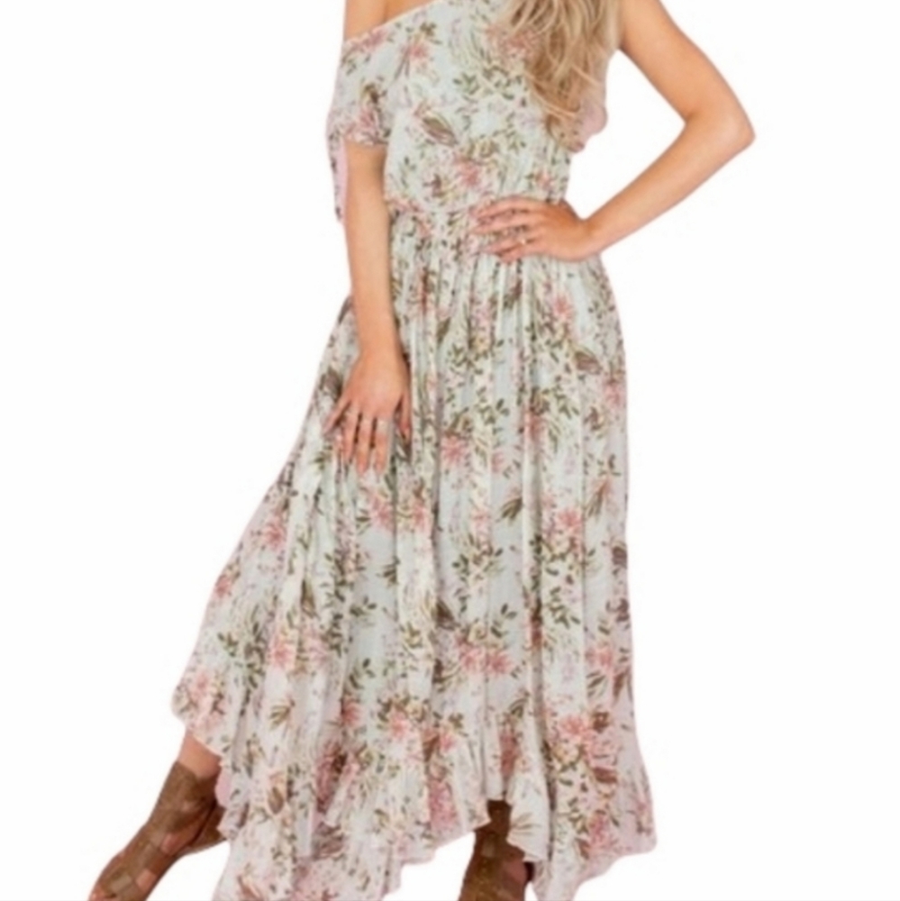 Joyfolie Green Floral Boho Ruffle Handkerchief Maxi Mia Joy Dress Large